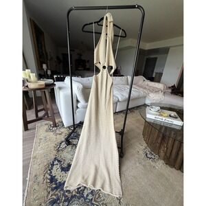 MINKI Beige Crochet Cotton Halter Backless Cut-Out Maxi Dress Sz
